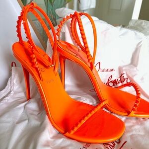 Christian Louboutin So Me 100 Orange Patent Ankle Strap Sandal Heel Pump